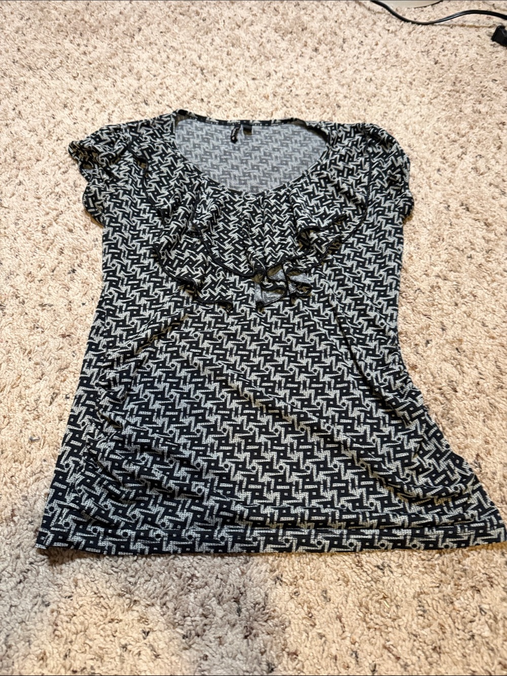 HeartSoul Black & White Geometric Ruffle Neck Blouse